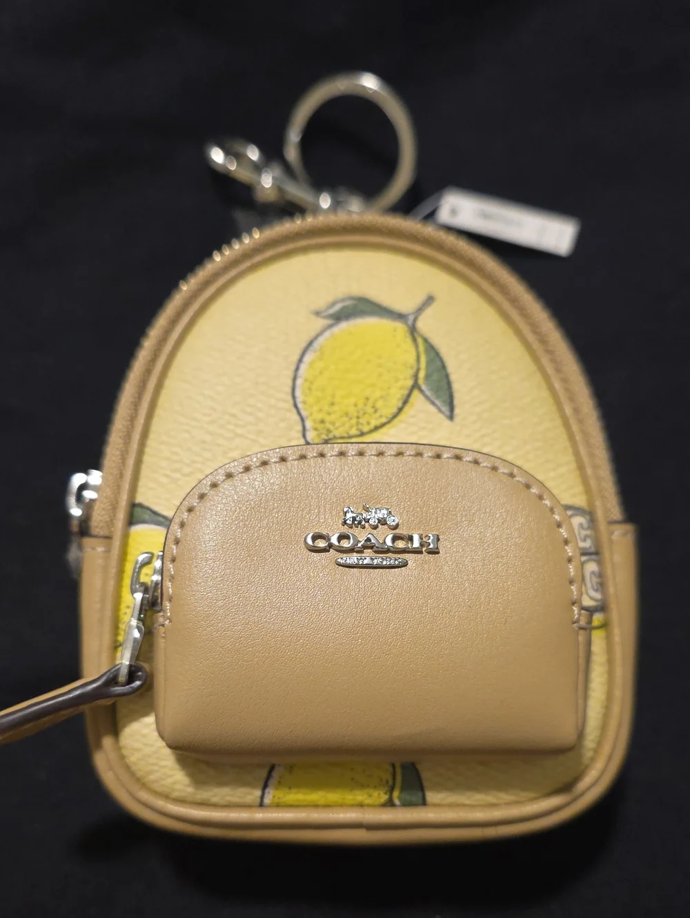 NWT Coach Mini Backpack Keychain in Yellow and Tan with Lemon Motif